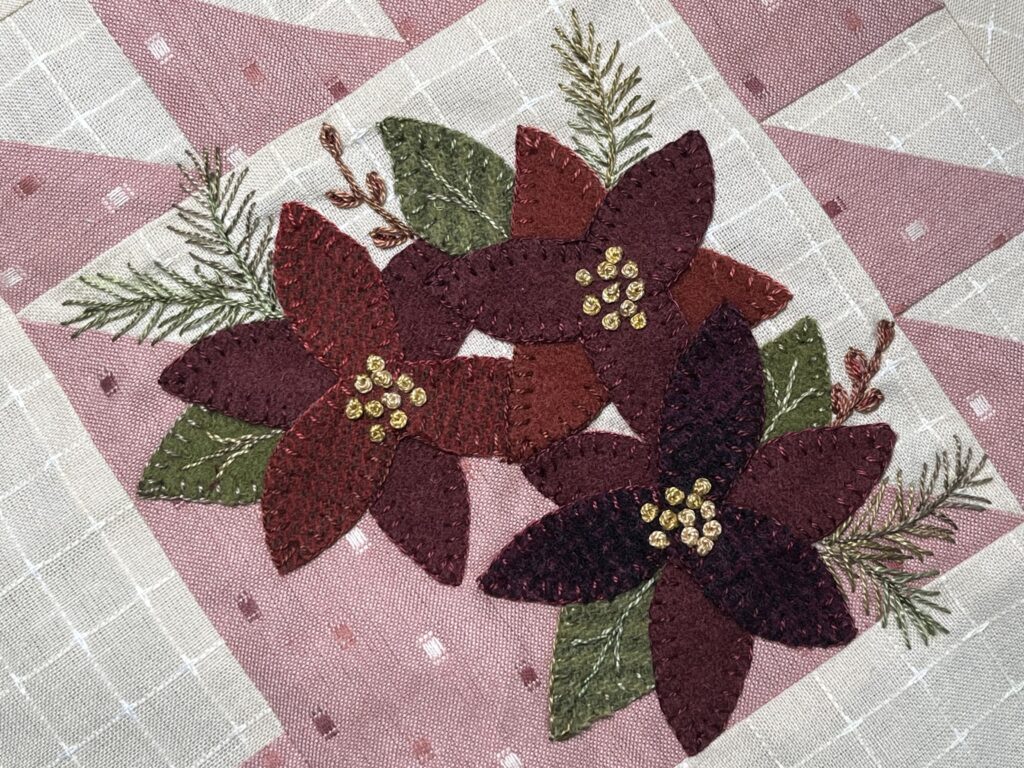 KL Designs Online | KLDesignsOnline.com | Hand Designed Wool Applique Patterns by Karen Yaffe | Christmas in Bloom designed by Kellie Beckwith owner of Tulip Cottage Quilts and myself. A fusion of quilting wool applique and crochet