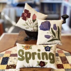 Spring has Sprung - Makes Three Mini Pillows or Bowl Fillers - Finished Sizes: (2) 5” x 5”, (1) 4 3⁄4” x 7 1⁄2” | KLDesignsOnline.com | KL Designs by Karen Yaffe | Hand Designed Wool Appliqué Patterns by Karen Yaffe
