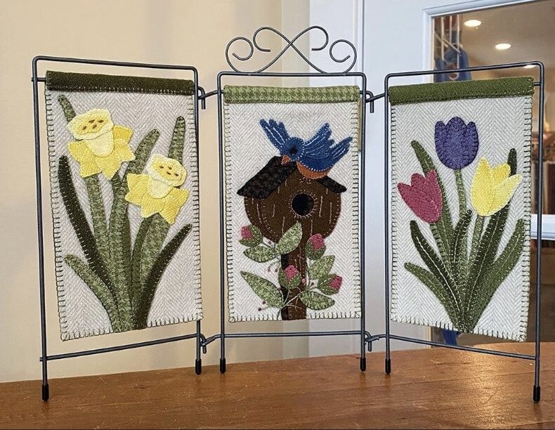 Springtime Trio - Makes Three 4 1⁄4” x 7 1⁄2” Banners | KLDesignsOnline.com | KL Designs by Karen Yaffe | Hand Designed Wool Appliqué Patterns by Karen Yaffe