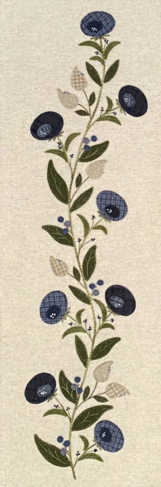 Blueberry Pie - Finished Size: 12” x 35” | KLDesignsOnline.com | KL Designs by Karen Yaffe | Hand Designed Wool Appliqué Patterns by Karen Yaffe