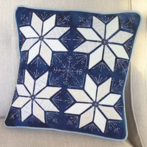 Snow Flurries Pillow - Finished Pillow: 16” x 16” | KLDesignsOnline.com | KL Designs by Karen Yaffe | Hand Designed Wool Appliqué Patterns by Karen Yaffe