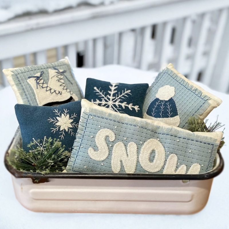 Frosty Morning - Makes (5) Mini Pillows or Bowl Fillers - Finished Sizes: (1) - 5”x 5” (1) - 5 1⁄2” x 5 1⁄2” (2) - 6”x 6” (1) - 5 1⁄2” x 9 1⁄2” | KLDesignsOnline.com | KL Designs by Karen Yaffe | Hand Designed Wool Appliqué Patterns by Karen Yaffe