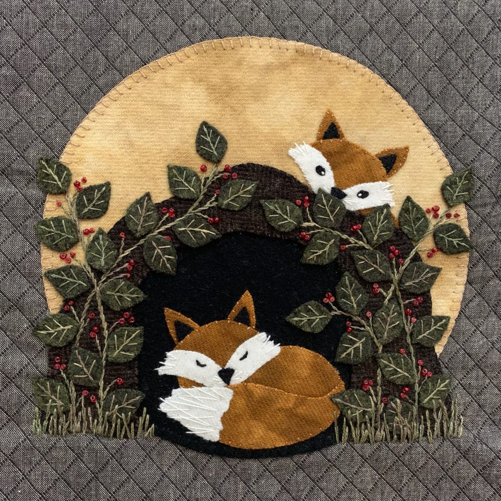 Collaboration 2 with The Wild and Wonderful “Under the Harvest Moon” Ladies - Fox Block by KL Designs Measures 9" x 9" | KLDesignsOnline.com | Wool Applique Patterns by Karen Yaffe at KL Designs
